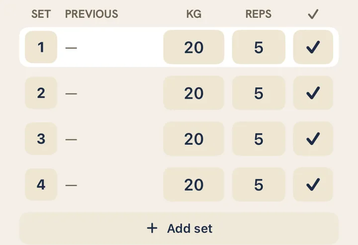 A strength session as a list with weights, reps and sets
